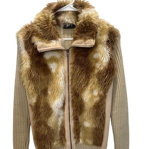 Vintage Y2K Fawn Faux Fur Jacket L Deer Print Zip Up Ribbed Sleeve Indie Sleaze